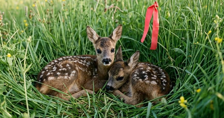 Rehkitz im hohen Gras, versteckt vor dem Mähen, entdeckt mit Drohne von Multikopterdienst mittels Wärmebildkamera und Zoom